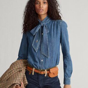 Polo Ralph Lauren Necktie Denim Button Up Shirt Chambray Blouse - 2
